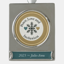 Peace, Love and Inclusion | Personalized Holiday シルバープレートバナーオーナメント