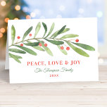 Peace Love and Joy Green Red Winter Greenery シーズンカード<br><div class="desc">This stylish "Peace,  Love & Joy" holiday card features a modern and minimal green watercolor winter branch with red berry accents. The elegant text can be completely personalized with your choice of greeting,  family name,  year,  and a custom message inside the card.</div>