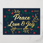 Peace Love and Joy Modern Holly Berries Foliage 箔シーズンカード (正面)