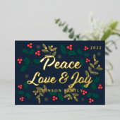 Peace Love and Joy Modern Holly Berries Foliage 箔シーズンカード (立ち正面)