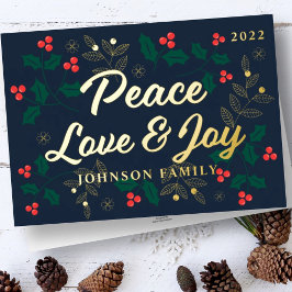Peace Love and Joy Modern Holly Berries Foliage 箔シーズンカード