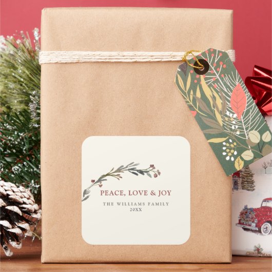 Peace Love and Joy Red Berries Greenery Holiday スクエアシール (クリスマス)