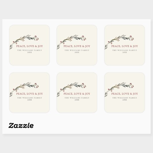 Peace Love and Joy Red Berries Greenery Holiday スクエアシール (シート)