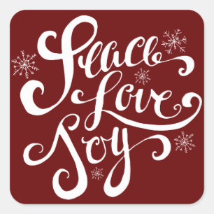 Peace Love and Joy Script Holiday Red Stickers スクエアシール