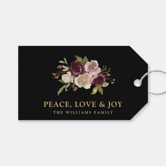 Peace Love and Joy Winter Bouquet Black Holiday ギフトタグ (正面(横))