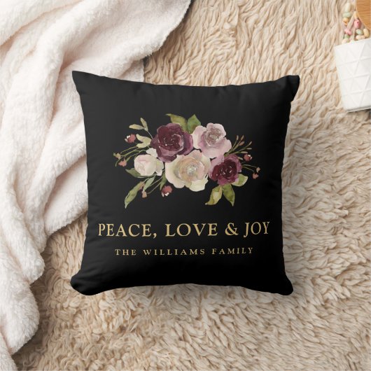 Peace Love and Joy Winter Bouquet Black Holiday クッション (ブランケット)