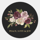 Peace Love and Joy Winter Bouquet Black Holiday ラウンドシール (正面)