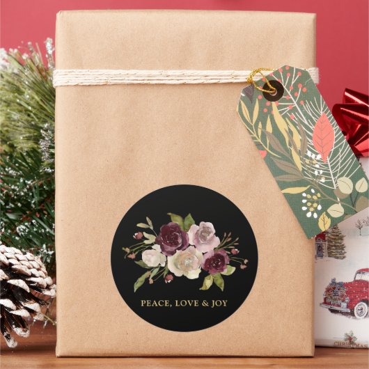 Peace Love and Joy Winter Bouquet Black Holiday ラウンドシール (クリスマス)