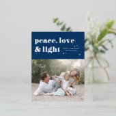 Peace Love and Light Navy Blue Hanukkah写真 箔シーズンポストカード (立ち正面)