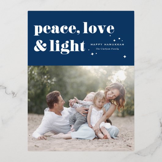 Peace Love and Light Navy Blue Hanukkah写真 箔シーズンポストカード (正面)