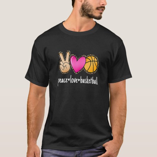 Peace Love Basketball Leopard Print Girls Women Ba Tシャツ (正面)
