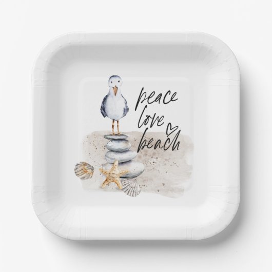 Peace Love Beach Seagull Coastal ペーパープレート (正面)