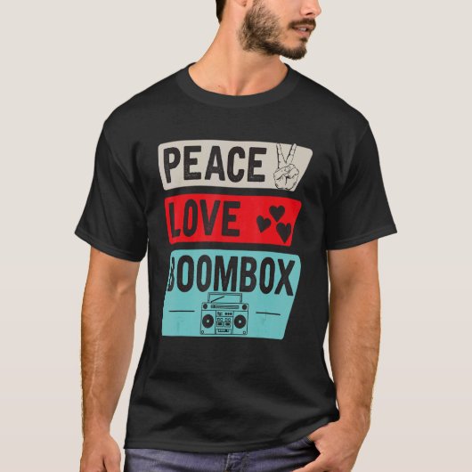 Peace Love Boomboxカセットテープ80sレトロ Tシャツ (正面)