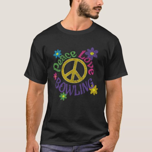 Peace Love Bowling  Distressed Flower Power Hippie Tシャツ (正面)