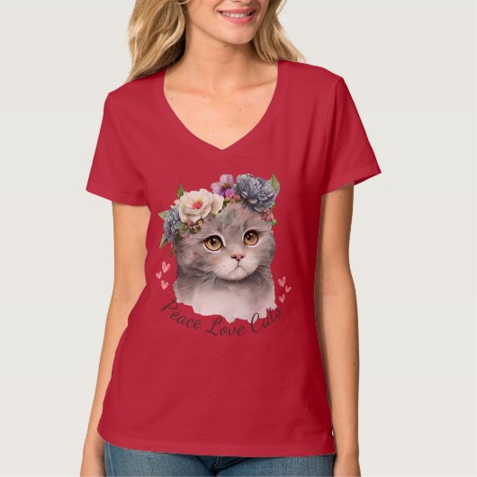 Peace love Cats V-neck T-Shirt for women Tシャツ (正面)