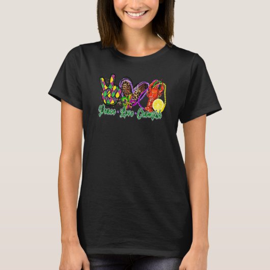Peace Love Crawfish Mardi Gras Leopard Heart Festi Tシャツ (正面)