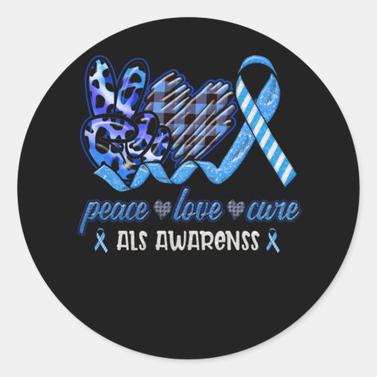 Peace Love Cure Blue And White Ribbon ALS Month ラウンドシール (正面)