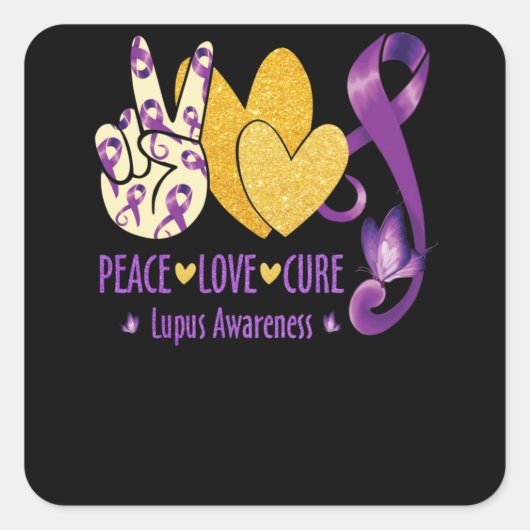 Peace  Love  Cure Lupus Awareness Purple スクエアシール (正面)