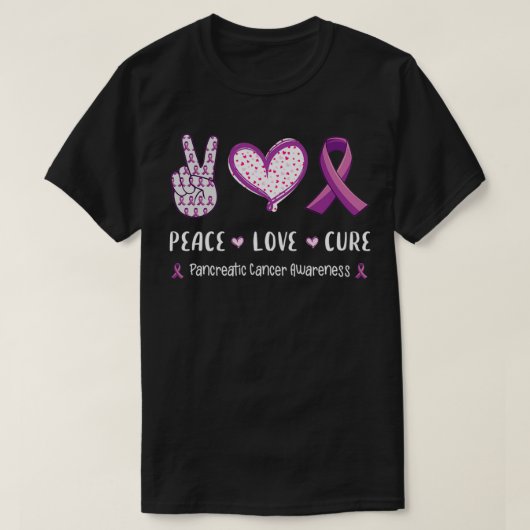 Peace Love cure Pancreatic cancer awareness men wo Tシャツ (デザイン正面)