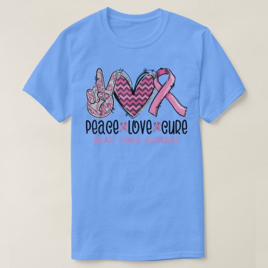 Peace Love Cure Pink Ribbon Cancer Breast Awarenes Tシャツ (デザイン正面)