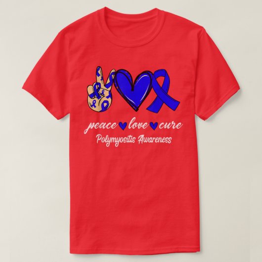 Peace Love Cure Polymyositis Blue Ribbon Awareness Tシャツ (デザイン正面)
