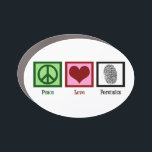 Peace Love Forensic Science Forensics Lab カーマグネット<br><div class="desc">Peace Love犯罪現場の調査に取り組んでいる刑事のための平和のサイン、ハート、指紋と鑑識の車の磁石。法医学者クールギフト。</div>