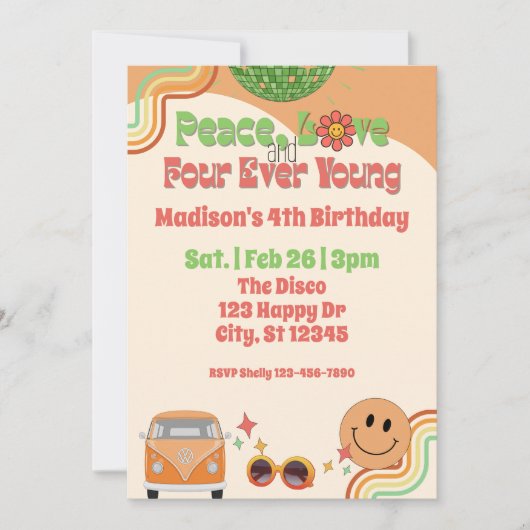 Peace, Love & Four Ever Young 4th Retro Birthday 招待状 (正面)