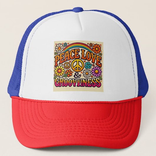 Peace、Love、Grooviness Trucker Hat キャップ (正面)