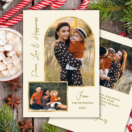 Peace Love Hapiness Script Gold Arch 3 Photo シーズンカード