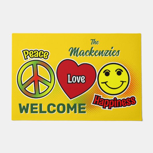 Peace Love Happiness Family ドアマット (正面)