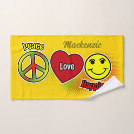 PEACE LOVE HAPPINESS SYMBOLSの名前を黄色に バスタオルセット