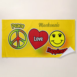 PEACE LOVE HAPPINESS SYMBOLSの名前を黄色に ビーチタオル