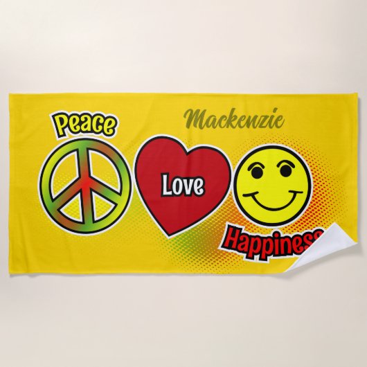 PEACE LOVE HAPPINESS SYMBOLSの名前を黄色に ビーチタオル (正面)