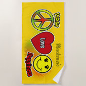 PEACE LOVE HAPPINESS SYMBOLSの名前を黄色に ビーチタオル (正面)