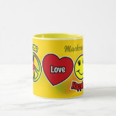 PEACE LOVE HAPPINESS SYMBOLSの名前を黄色に マグカップ (中央)