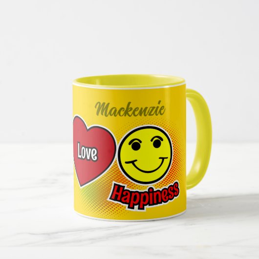 PEACE LOVE HAPPINESS SYMBOLSの名前を黄色に マグカップ (正面右)