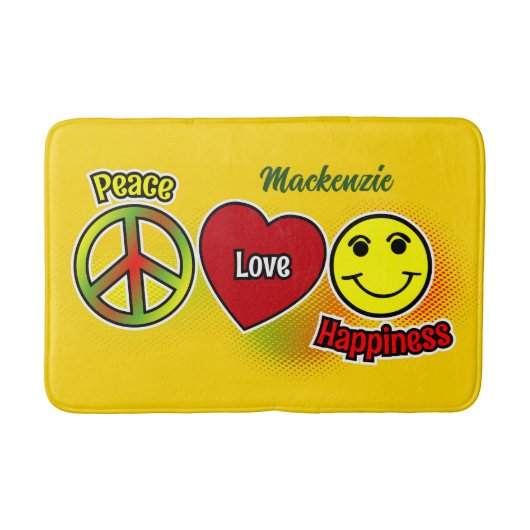Peace Love Happiness Yellow バスマット (正面)