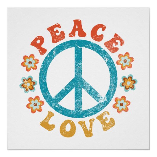 Peace & Love - Hippie Peace Sign With Flowers ポスター (正面)