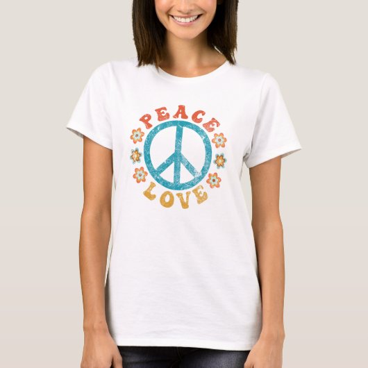 Peace & Love - Hippie Peace Sign With Flowers Tシャツ (正面)