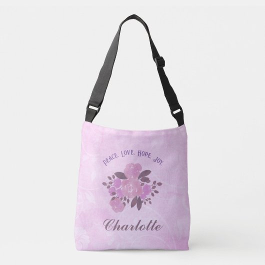 Peace Love Hope Joy Add Your Name Pink Roses クロスボディバッグ (正面)