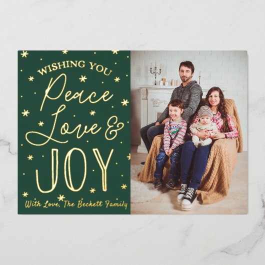 Peace, Love & Joyクリスマスフォト実在 箔シーズンカード (正面)