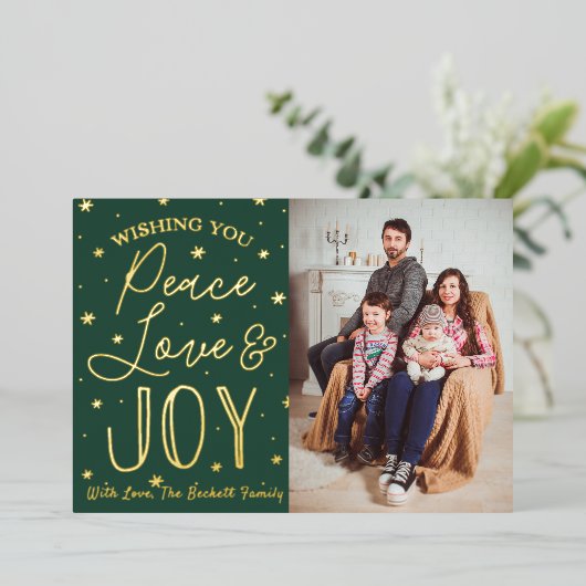 Peace, Love & Joyクリスマスフォト実在 箔シーズンカード (立ち正面)