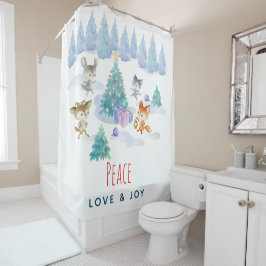 Peace Love & Joyクリスマスフォレスト動物 シャワーカーテン