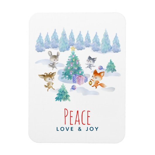 Peace Love & Joyクリスマスフォレスト動物 マグネット (縦)