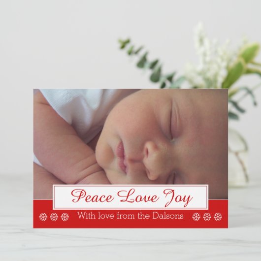 Peace Love Joyスノーフレークモダンクリスマス写真 シーズンカード (スタンド正面)