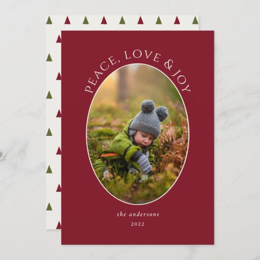Peace, Love & Joy赤いフォトホリデー シーズンカード (正面/裏面)