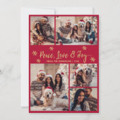 Peace Love Joy赤い金ゴールド写真コラージュのクリスマス シーズンカード (正面)