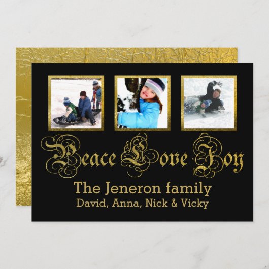 Peace Love Joy金ゴールド、黒いクリスマスグルーポンの写真 シーズンカード (正面/裏面)