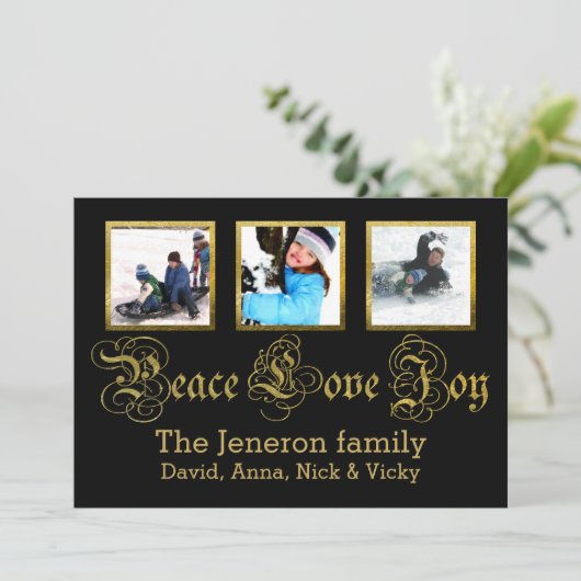 Peace Love Joy金ゴールド、黒いクリスマスグルーポンの写真 シーズンカード (スタンド正面)