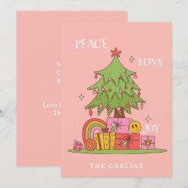 Peace, Love & Joy – ピンクのレトロクリスマスツリー シーズンカード